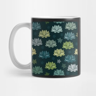 green water lilies on black background Mug